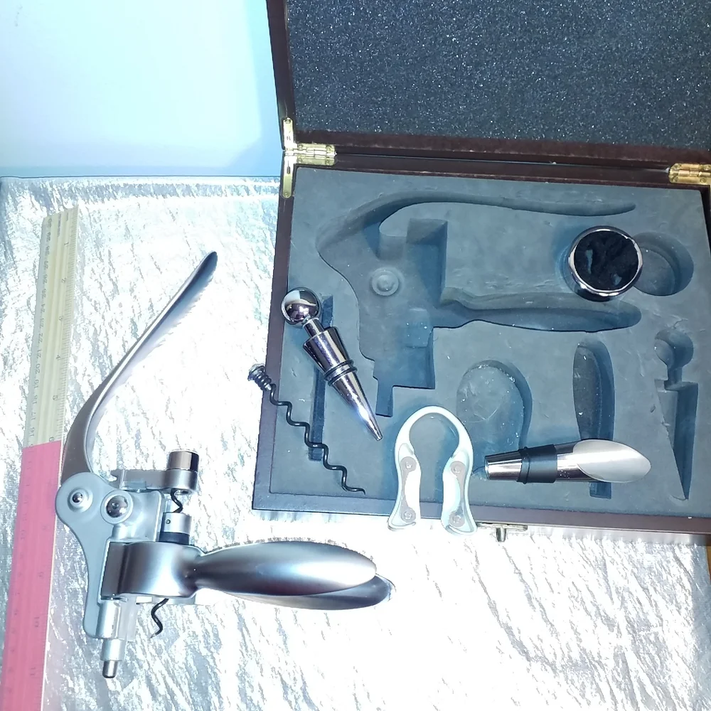 WINE OPENER SET Wood Box 6 piece Deluxe Gift Set